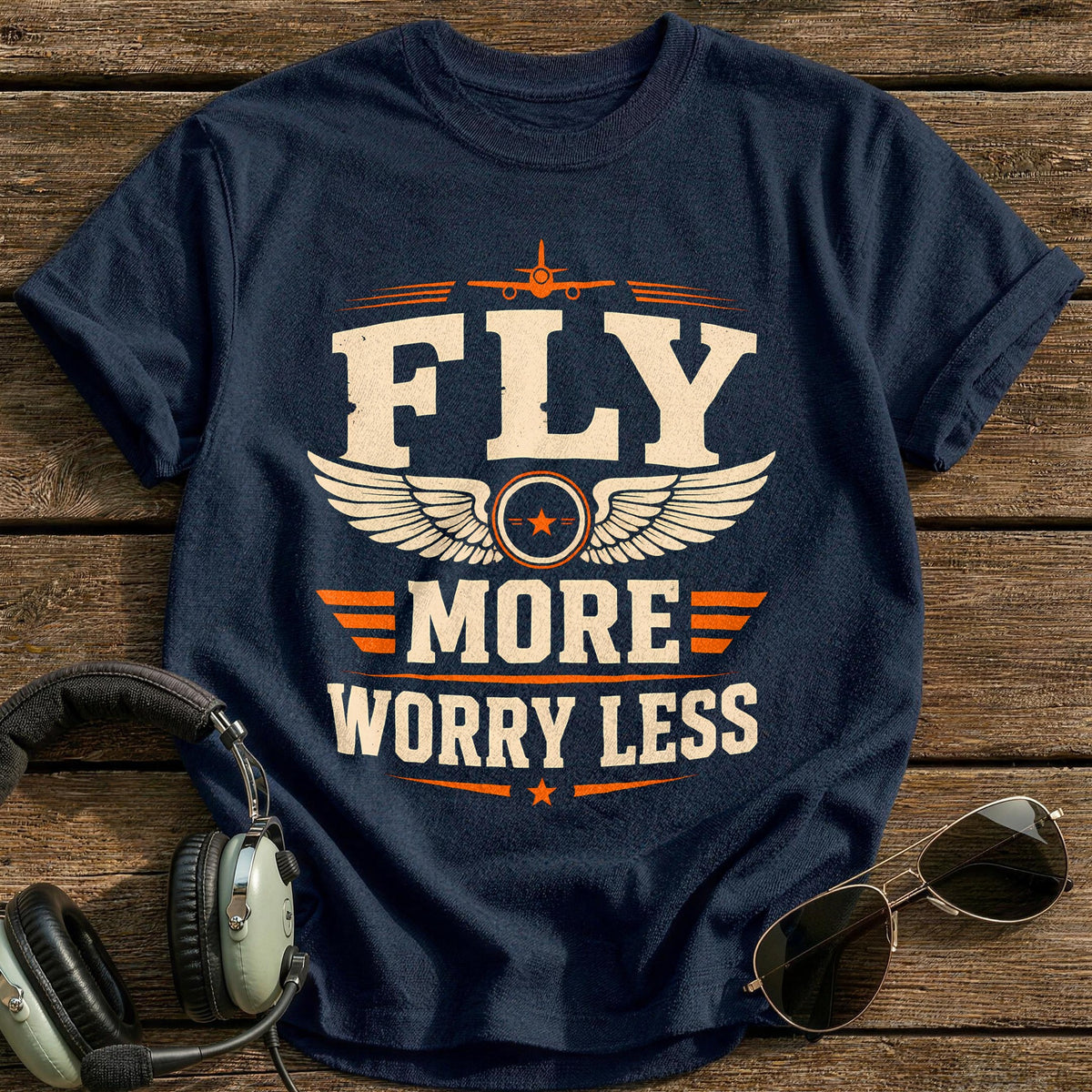 Fly More Worry Less T-Shirt - Navy
