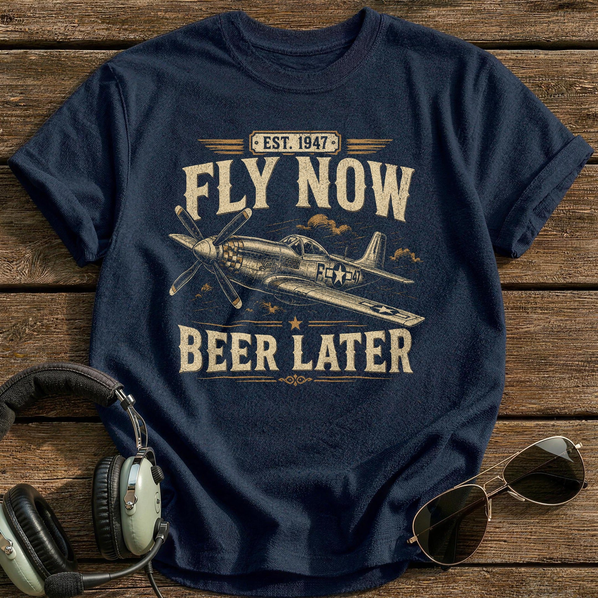 Fly Now Beer Later T-Shirt - Navy