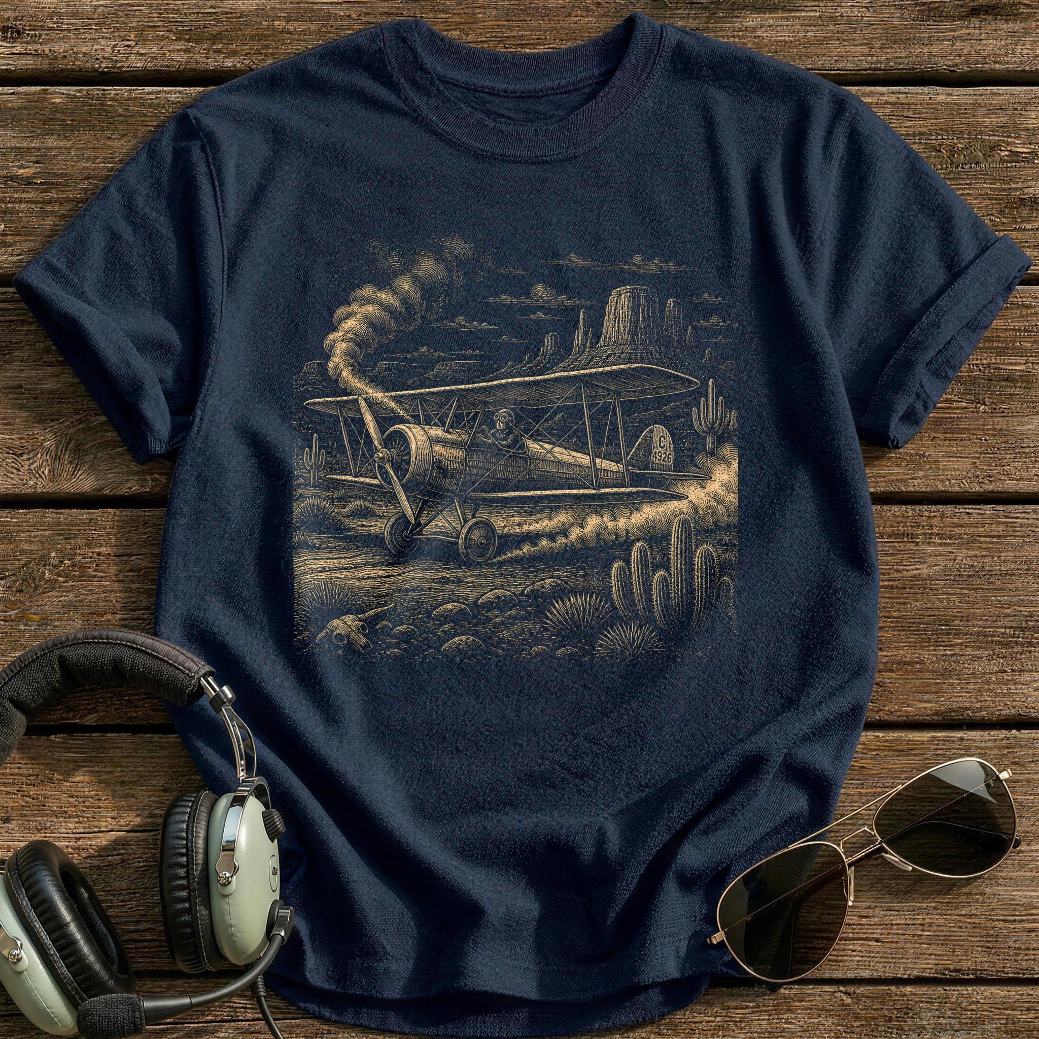 Frontier Biplane In The Desert T-Shirt - Navy