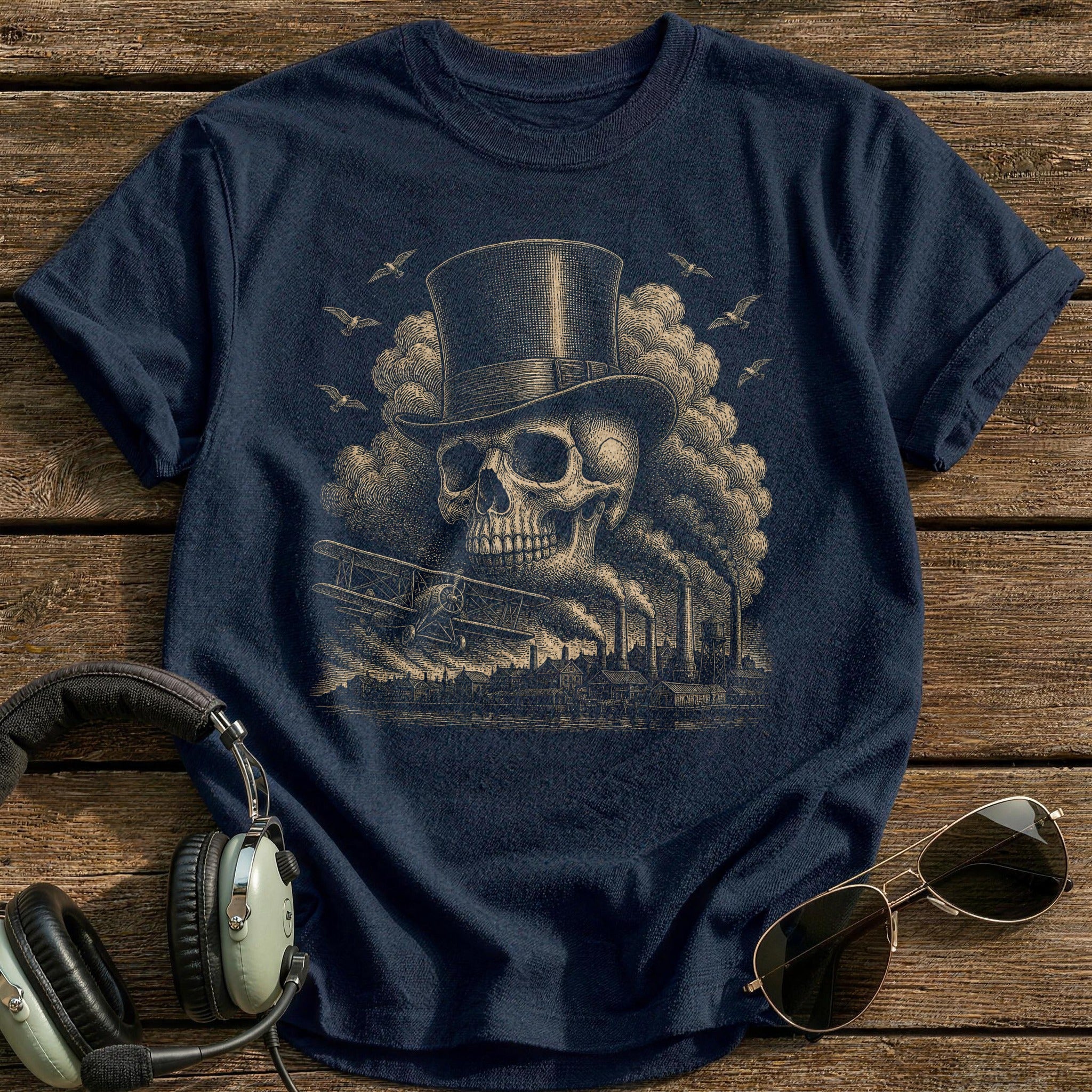 Gentleman Aviator Skull Top Hat T-Shirt - Navy