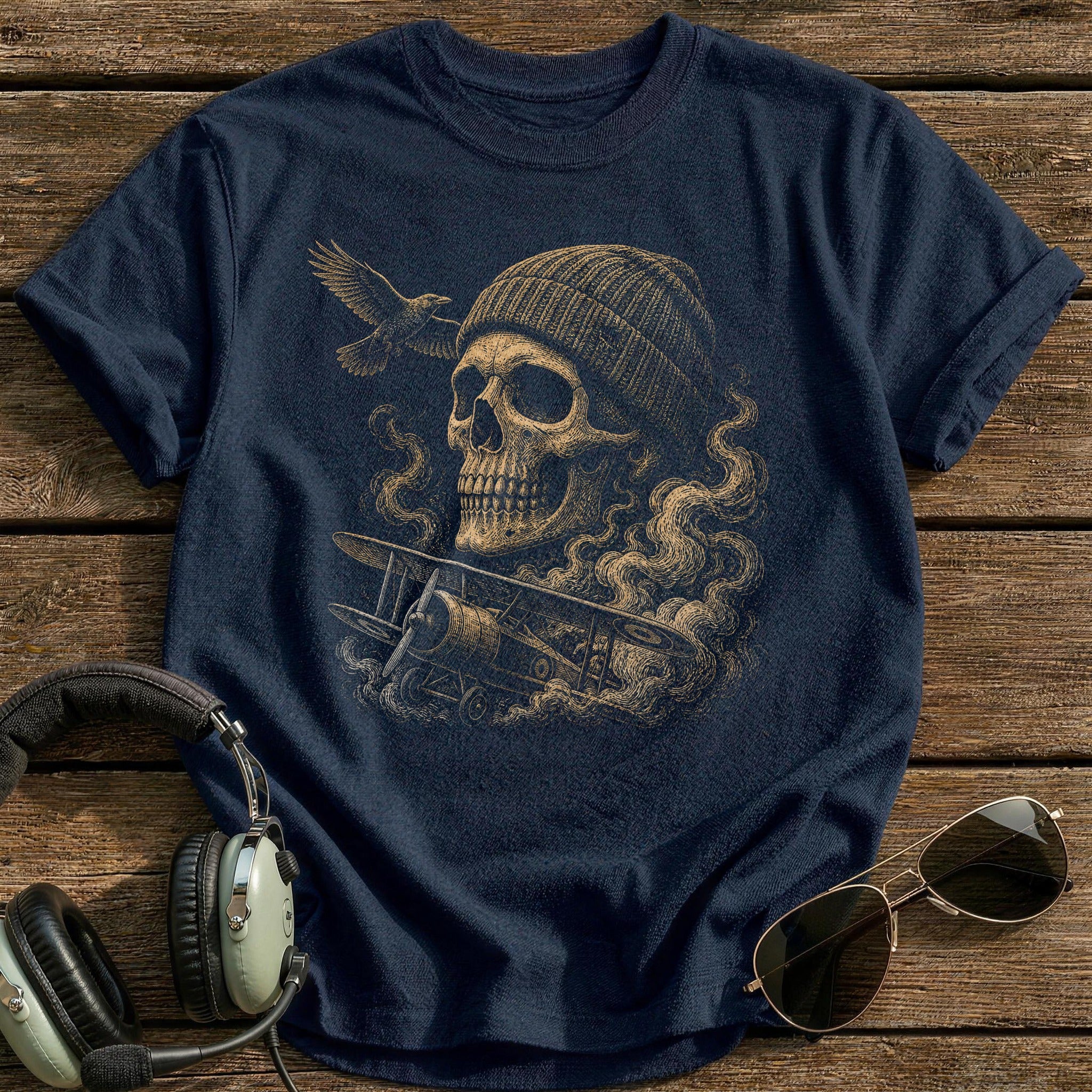 Ground Crew Skull Knit Cap T-Shirt - Navy