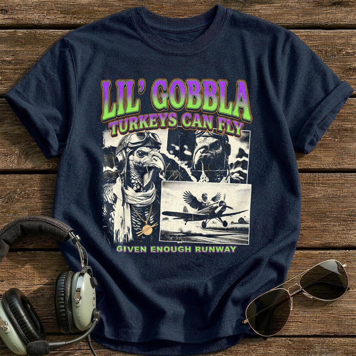 Lil' Gobbla Turkeys Can Fly 15 T-Shirt - Navy