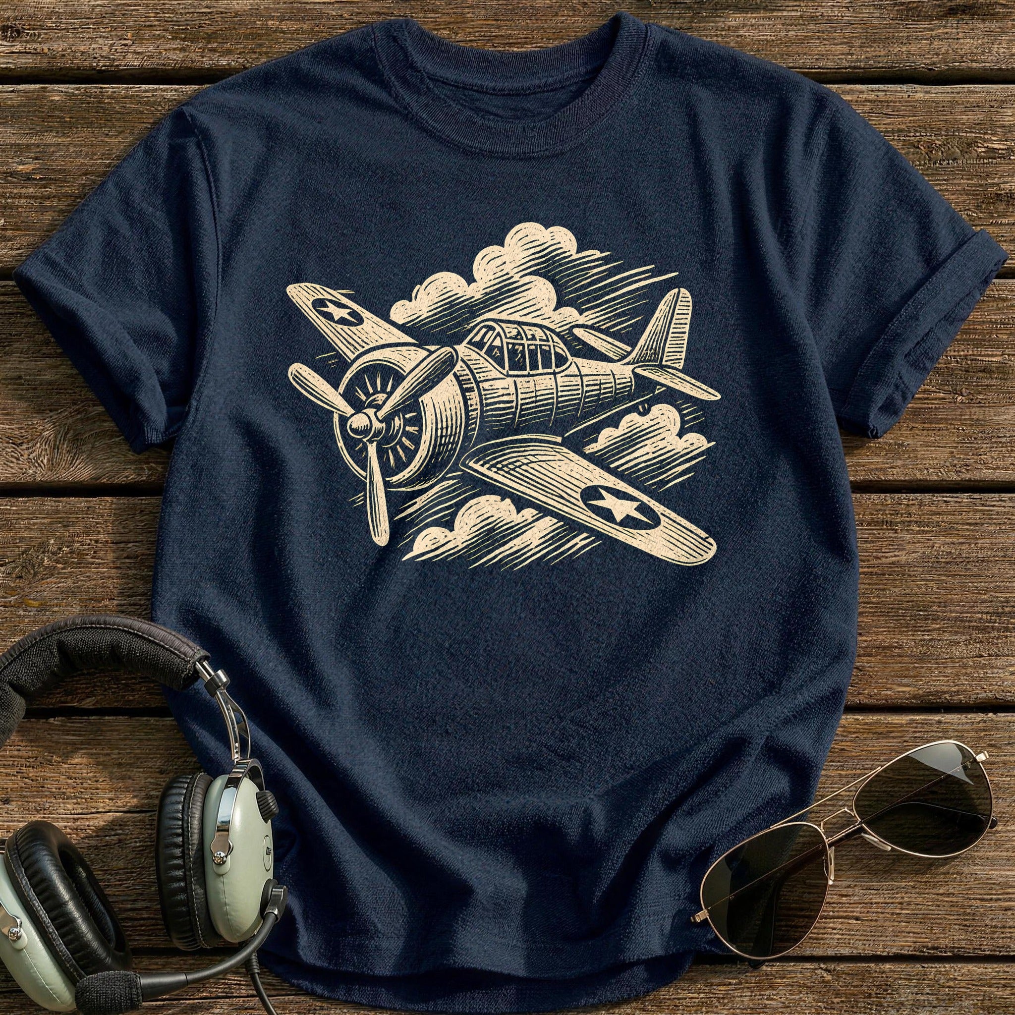 Linocut Plane 11 T-Shirt - Navy