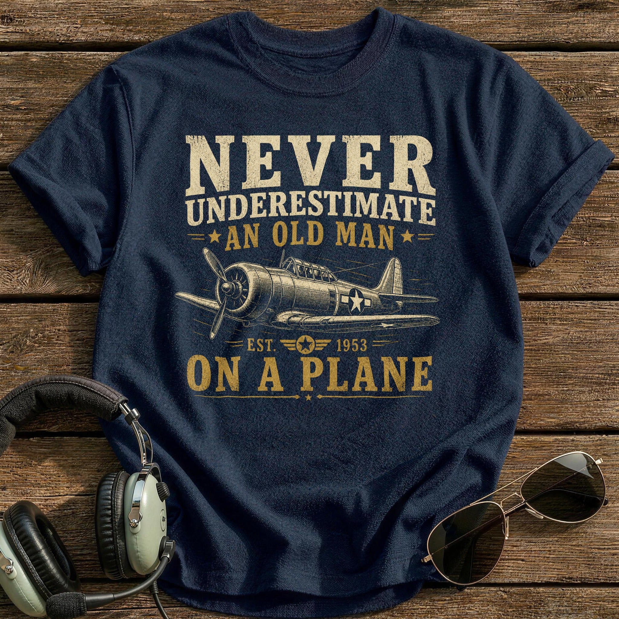 Never Underestimate An Old Man On A Plane T-Shirt - Navy
