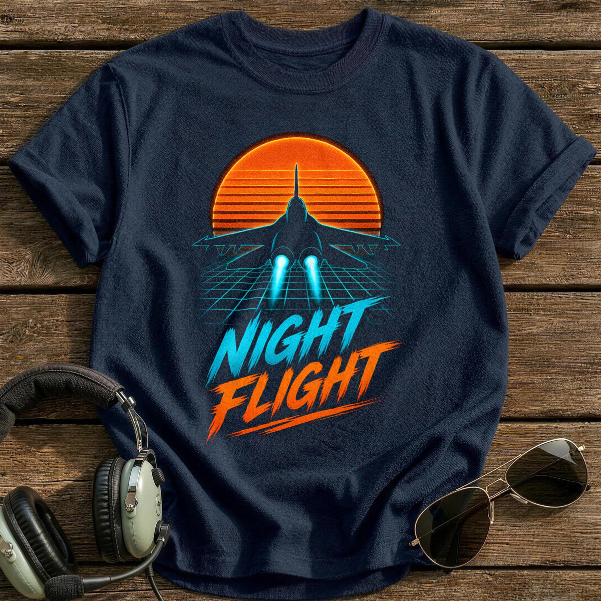 Night Flight Synthwave 71 T-Shirt - Navy