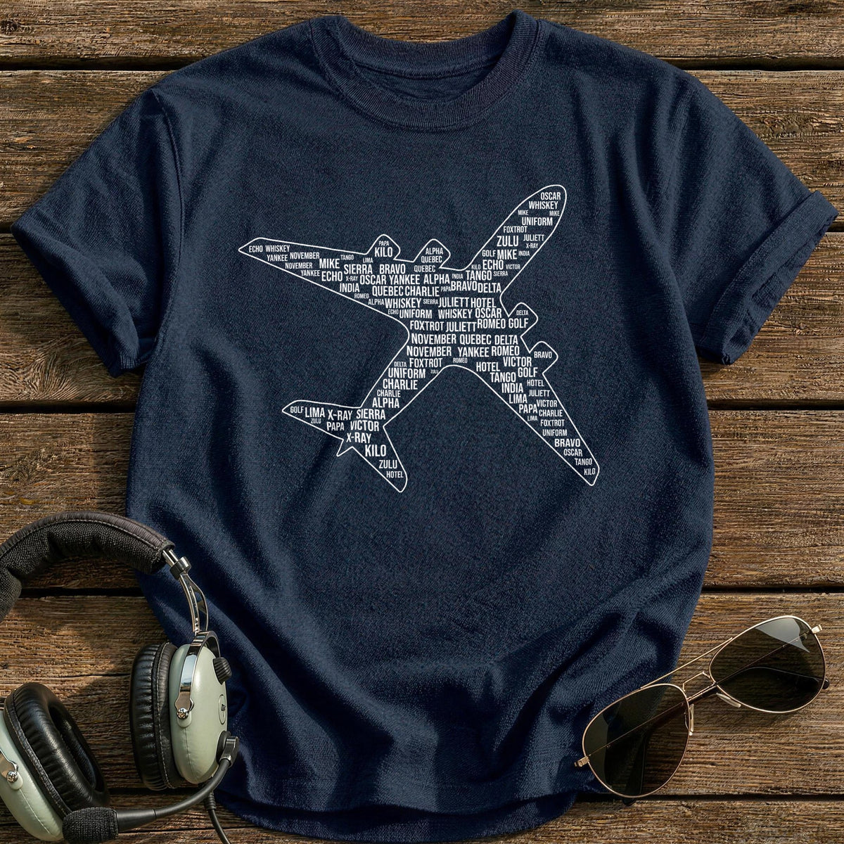 Phonetic Alphabet Plane Word Cloud T-Shirt - Navy