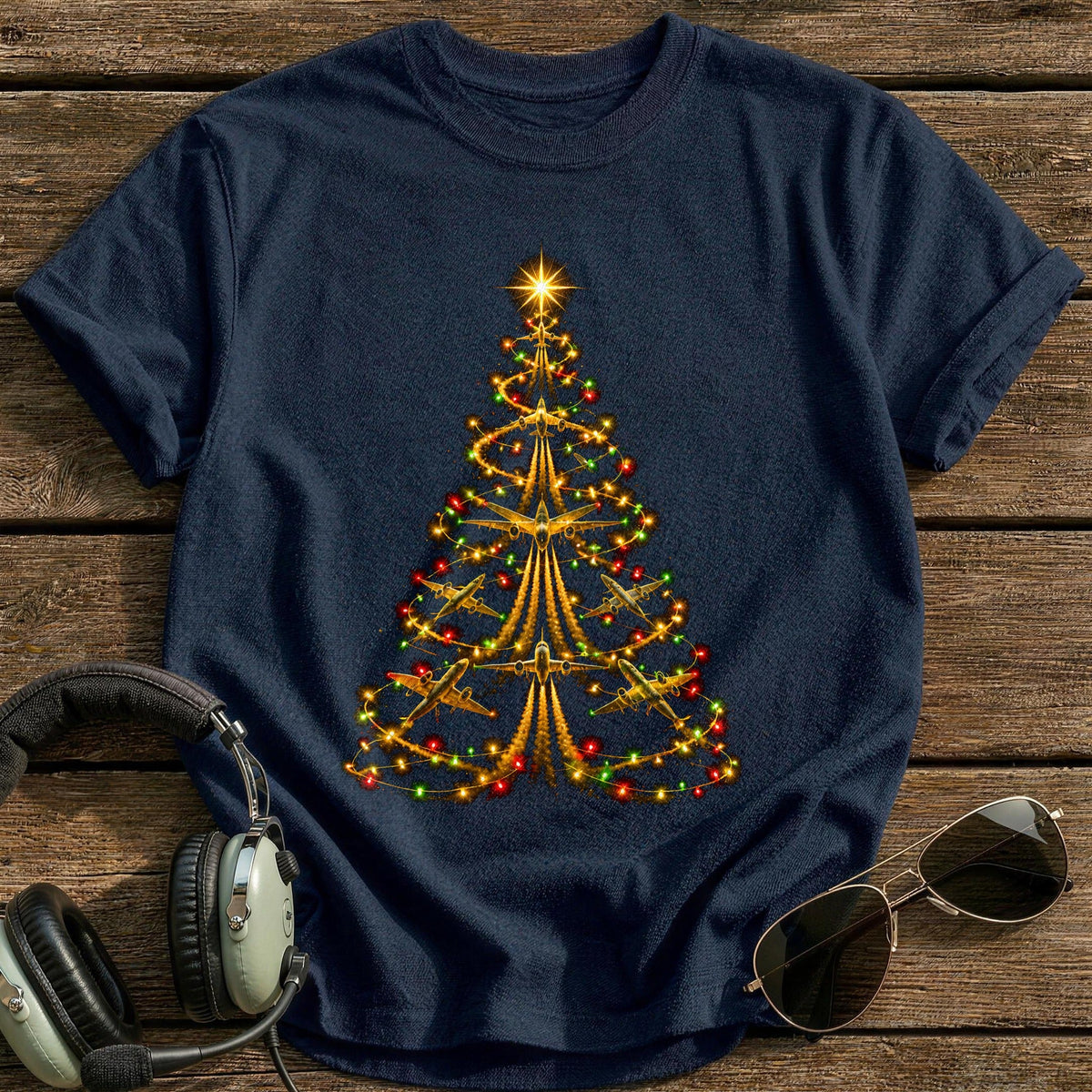 Plane Lights Tree 16 Kids T-Shirt - Navy