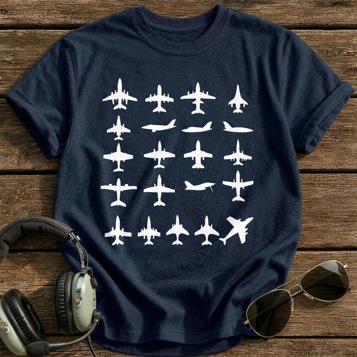 Plane Silhouette Grid T-Shirt - Navy