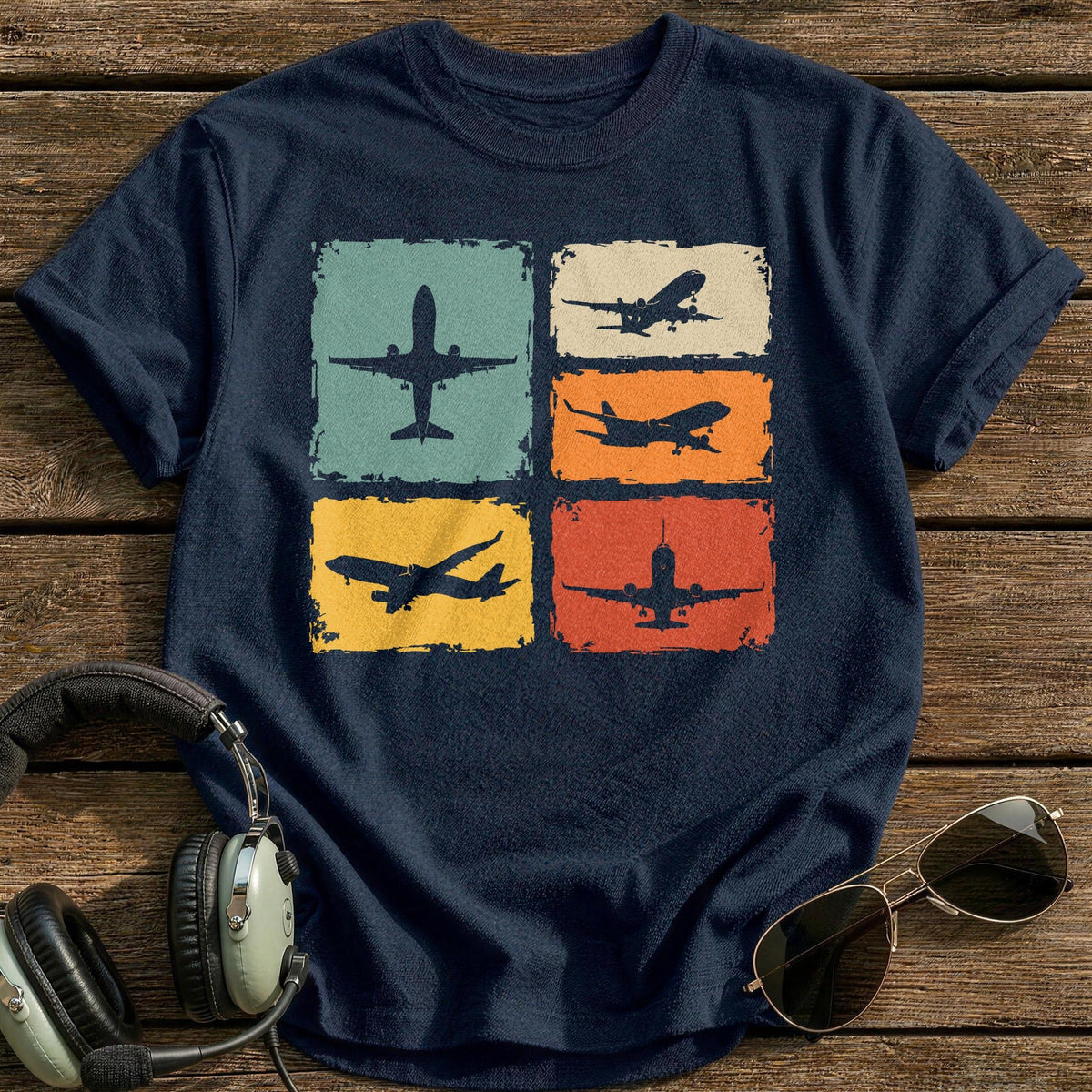 Retro Planes Tiles Kids T-Shirt - Navy