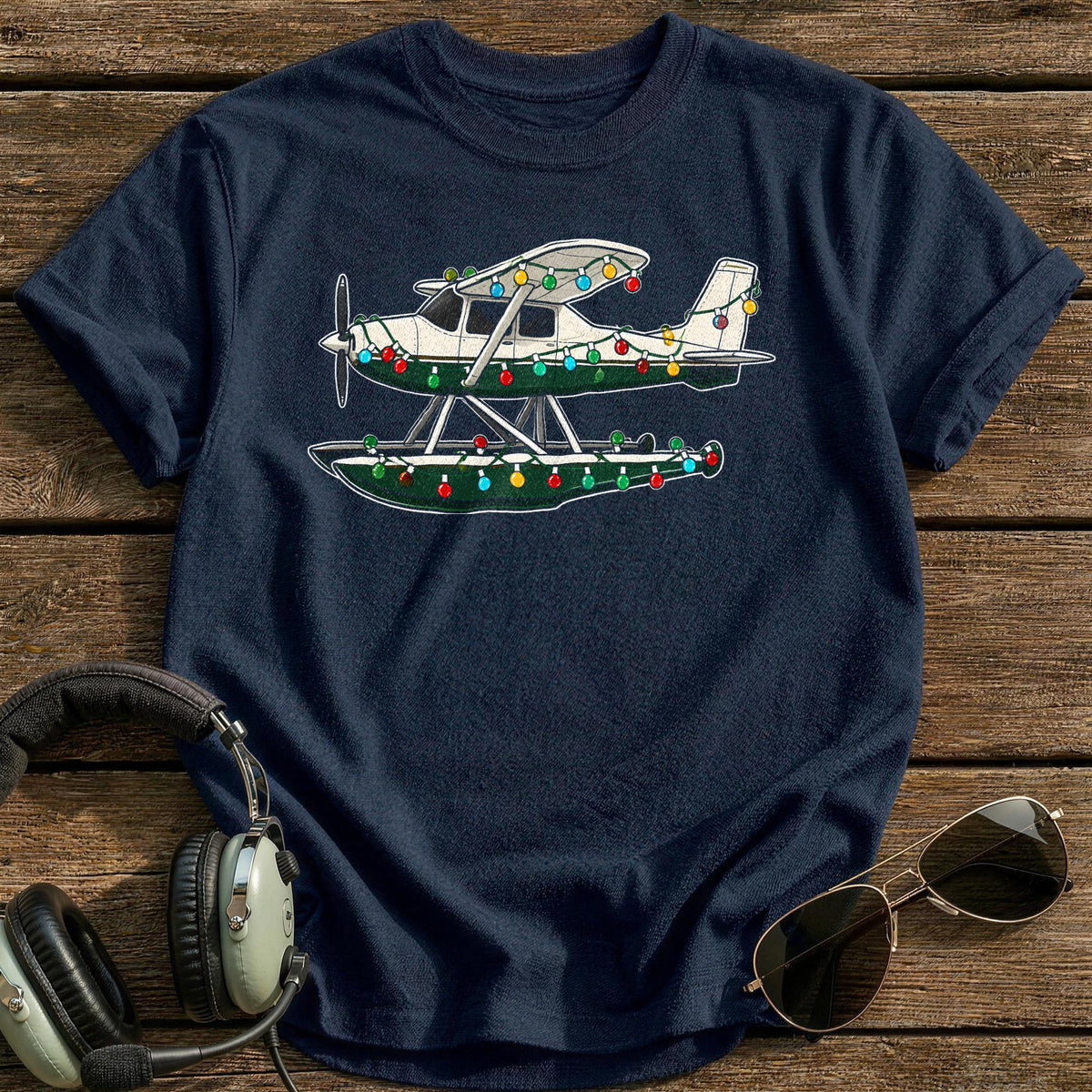 Seaplane Christmas Lights 77 T-Shirt - Navy