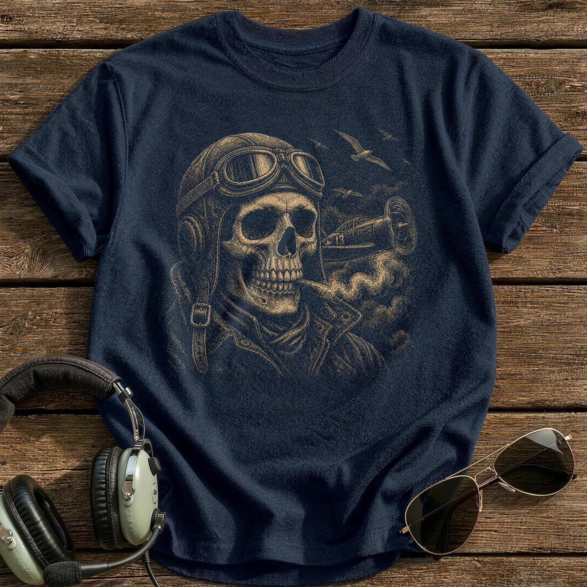Test Pilot Skull Flying Helmet T-Shirt - Navy