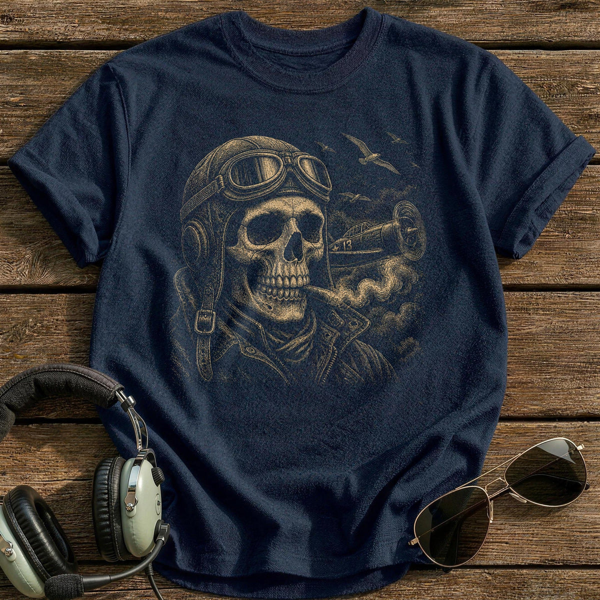 Test Pilot Skull Flying Helmet Kids T-Shirt - Navy