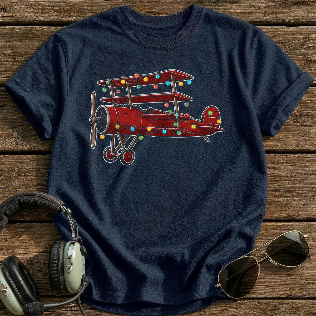 Triplane Christmas Lights 33 T-Shirt - Navy