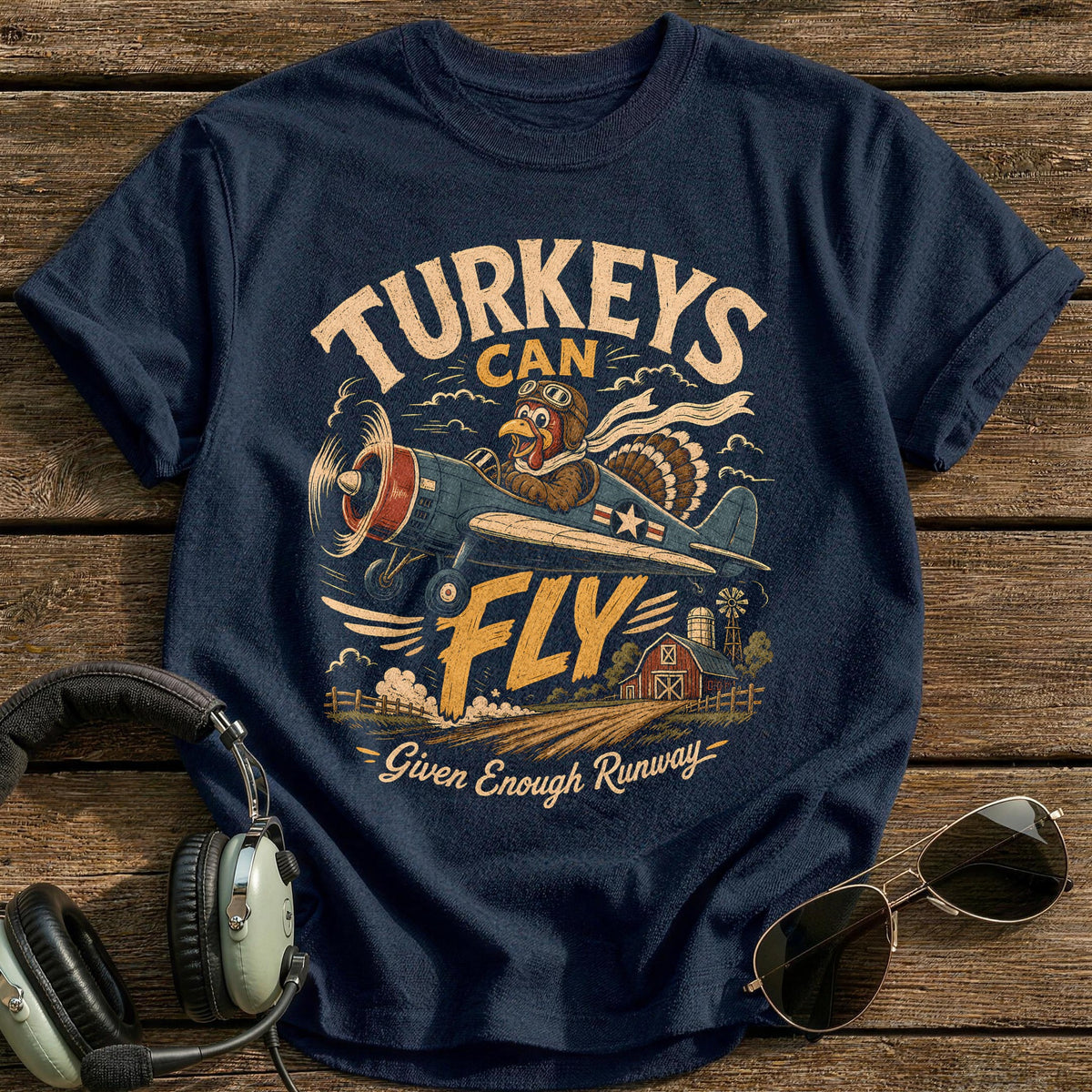 Turkeys Can Fly Given Enough Runway 1 T-Shirt - Navy