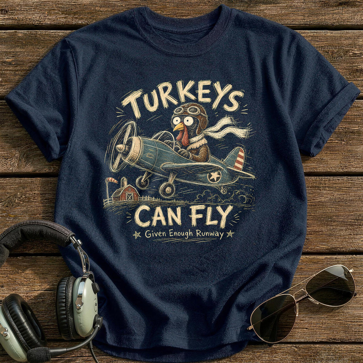 Turkeys Can Fly Given Enough Runway 12 T-Shirt - Navy