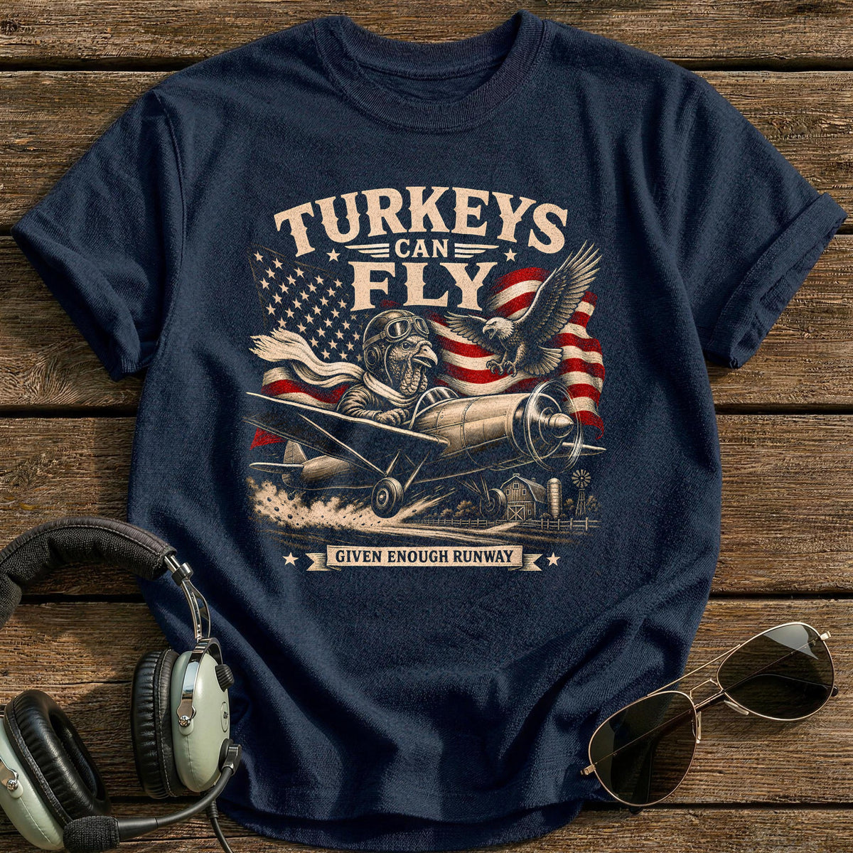 Turkeys Can Fly Given Enough Runway 5 T-Shirt - Navy
