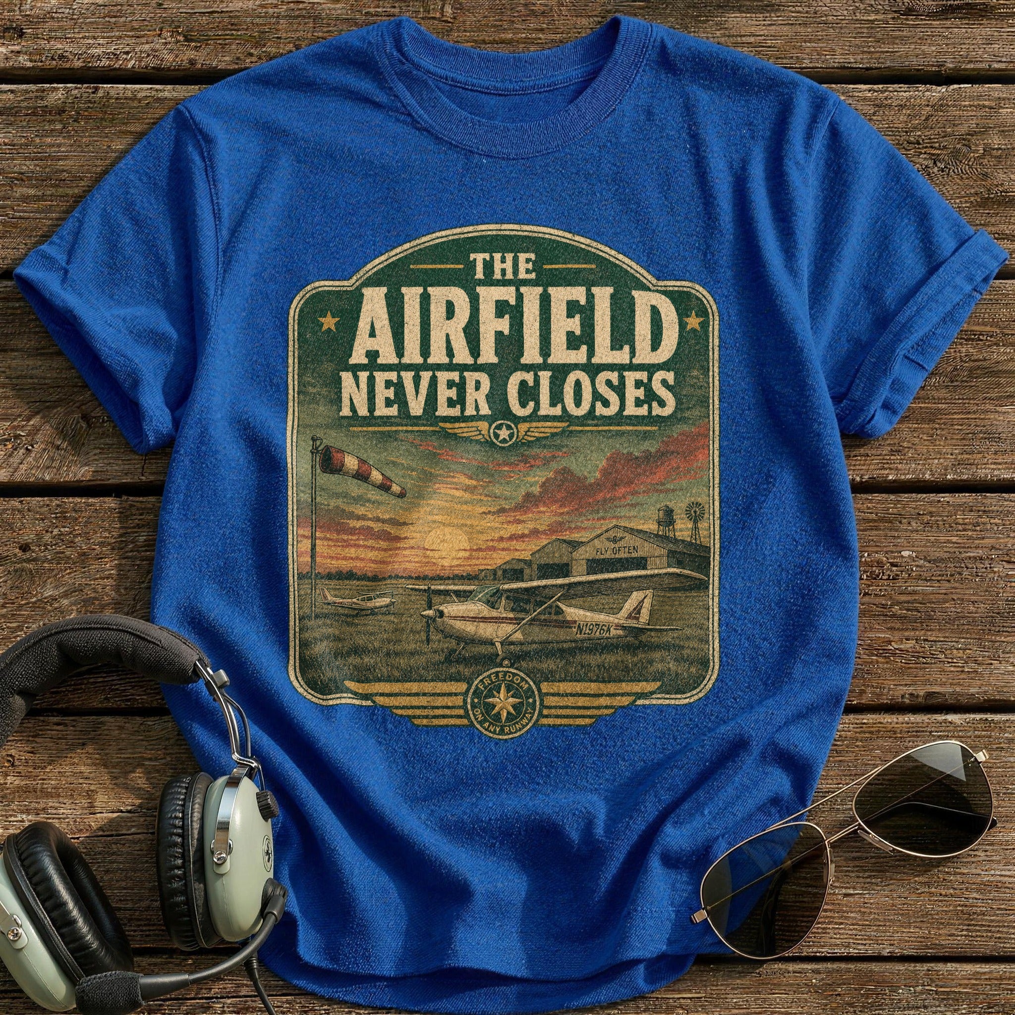 The Airfield Never Closes T-Shirt - Royal