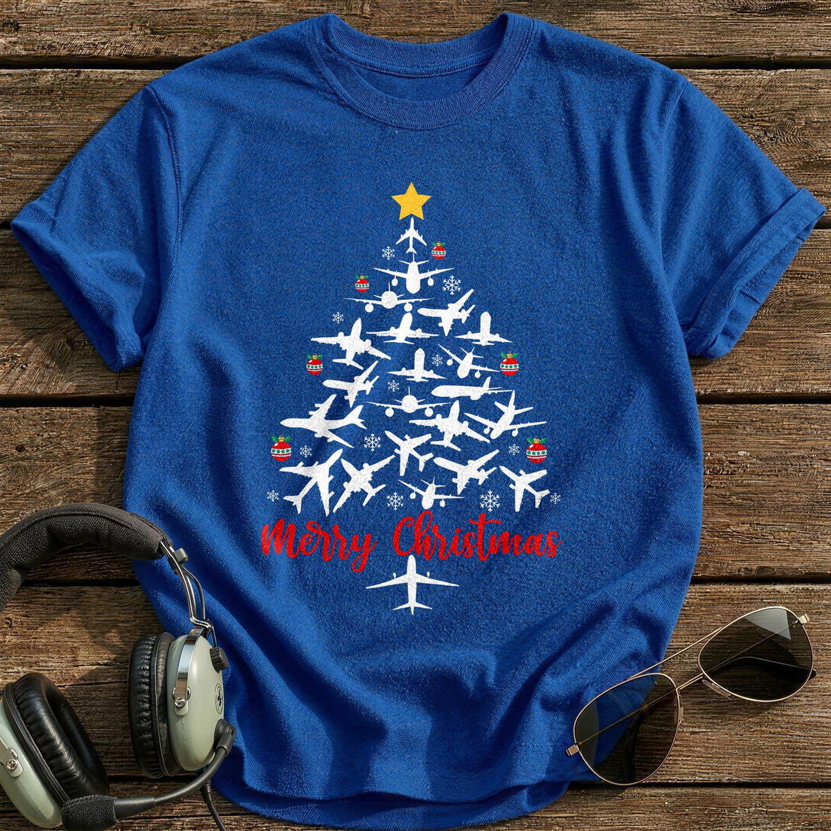 Airplane Christmas Tree T-Shirt - Royal