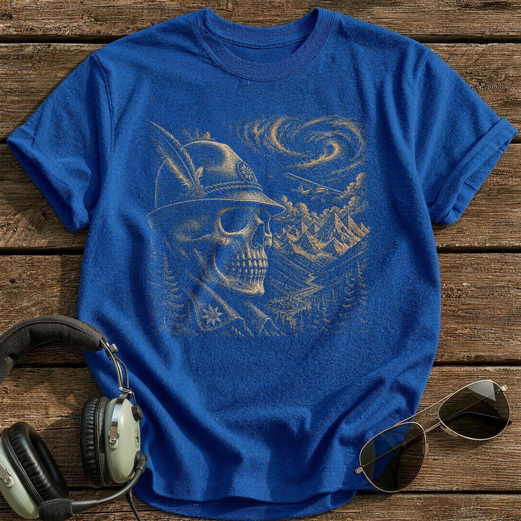 Alpine Aviator Skull Feathered Hat T-Shirt - Royal