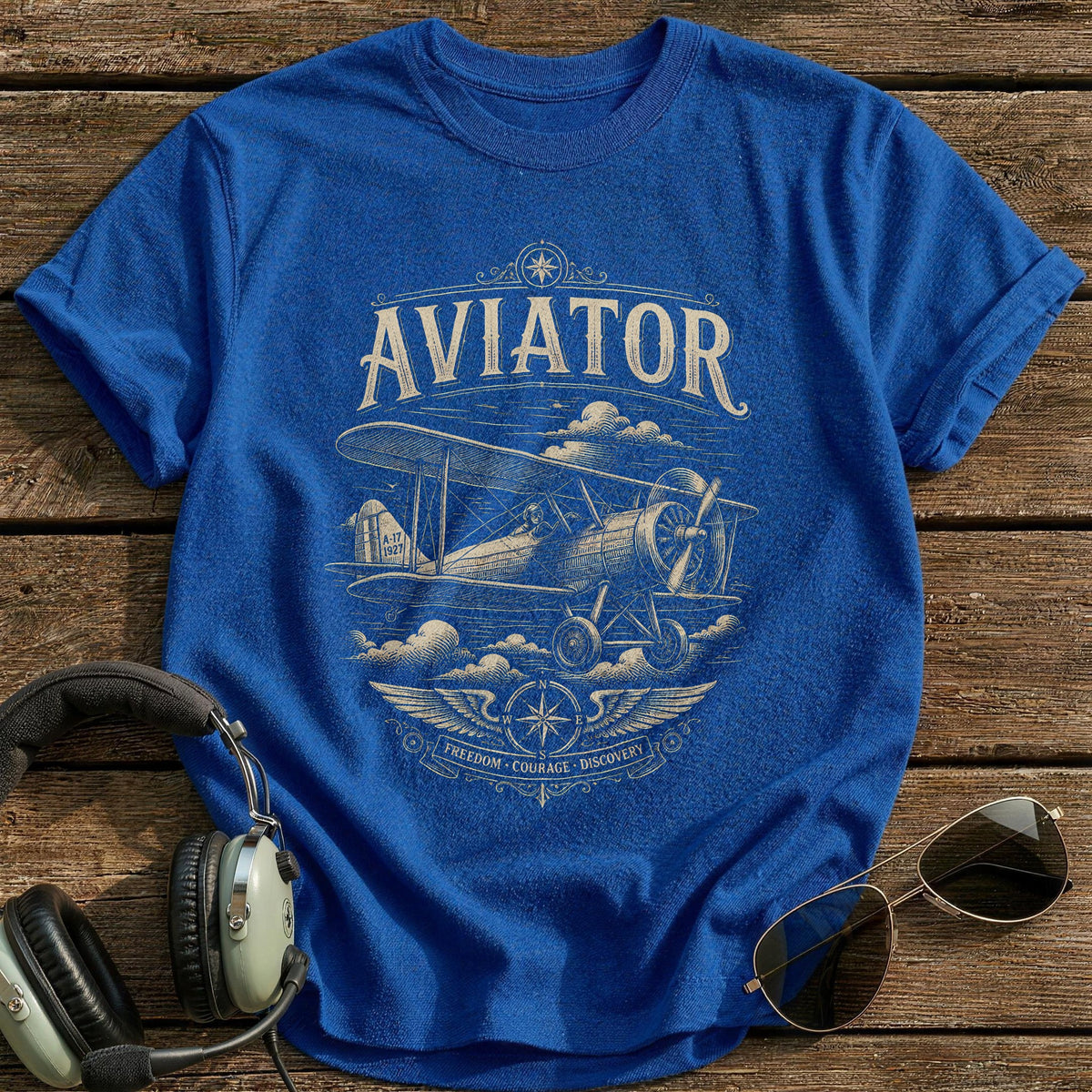 Aviator Woodcut 89 T-Shirt - Royal
