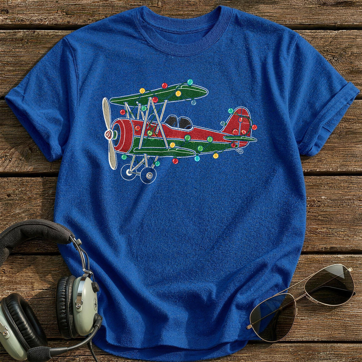 Biplane Christmas Lights 18 T-Shirt - Royal
