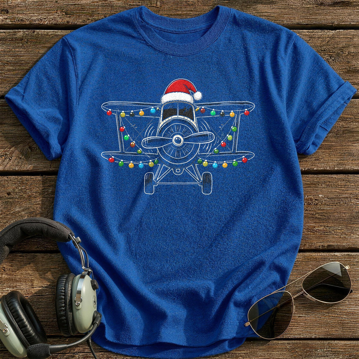 Biplane Christmas Lights 26 T-Shirt - Royal