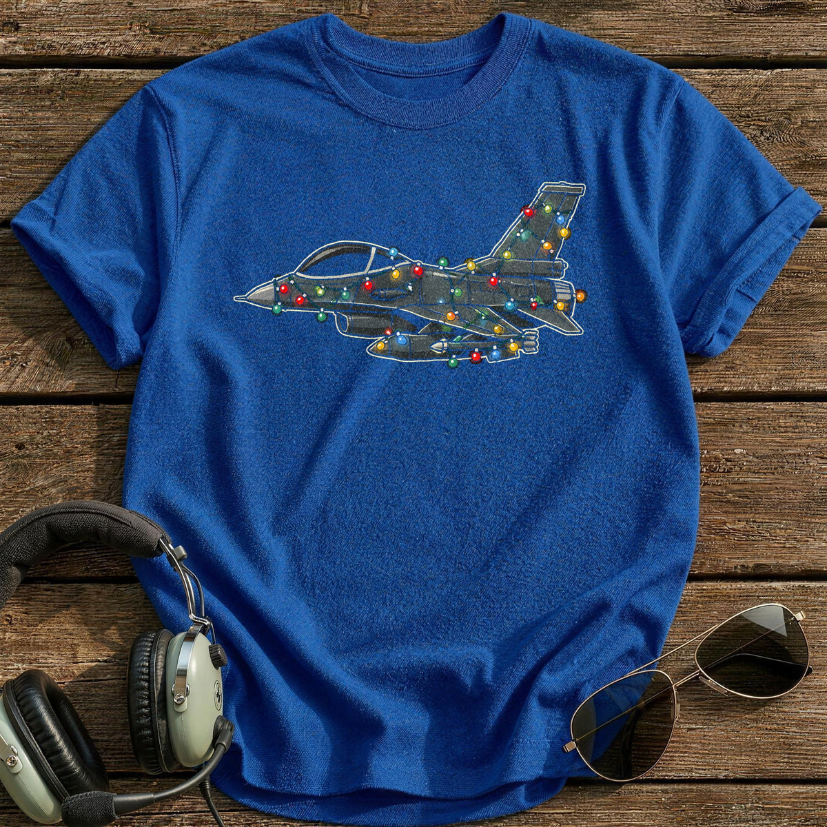 Fighter Jet Christmas Lights 12 T-Shirt - Royal