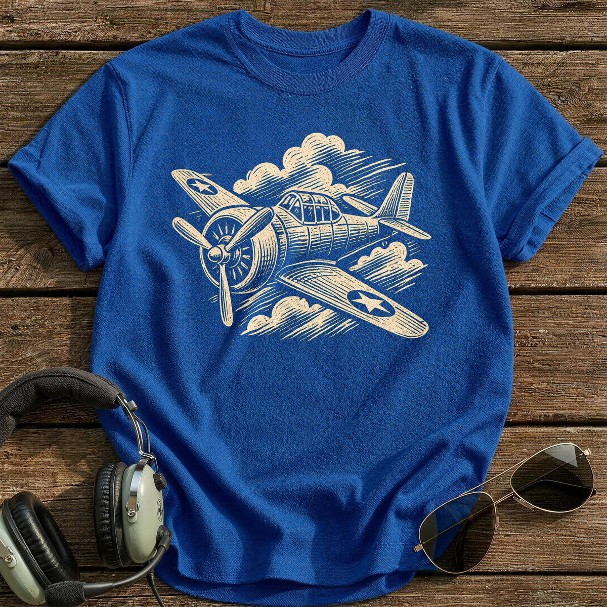 Linocut Plane 11 T-Shirt - Royal