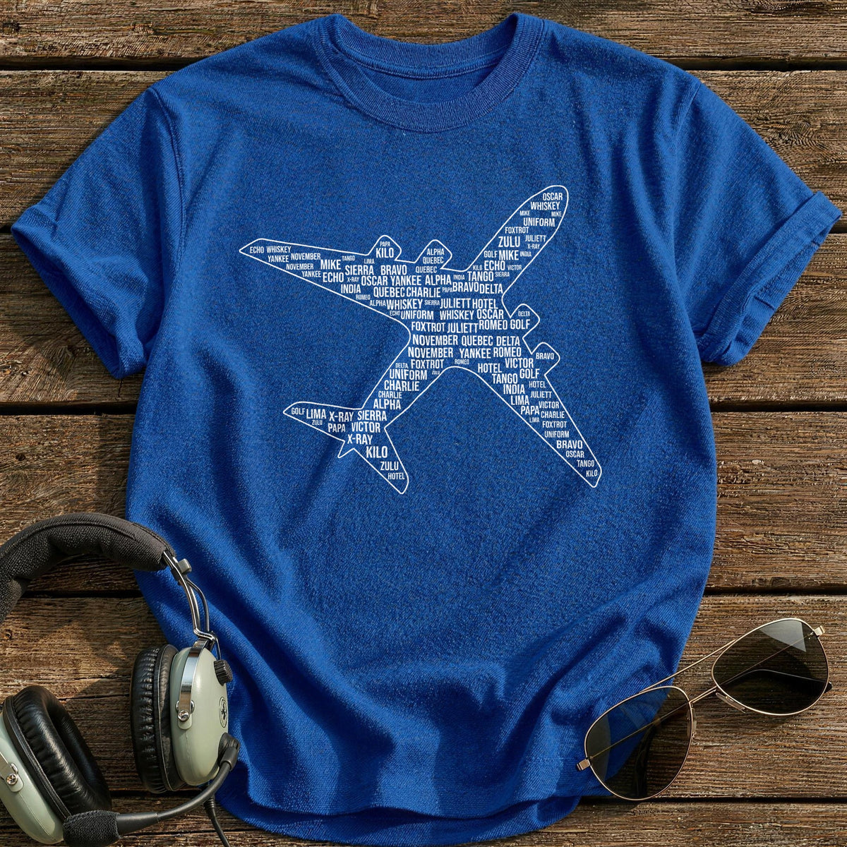 Phonetic Alphabet Plane Word Cloud T-Shirt - Royal