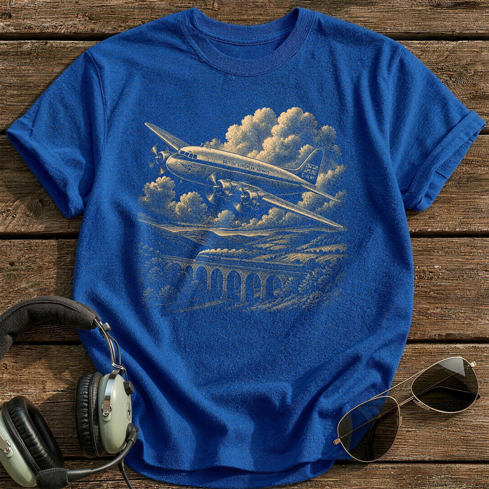 Vintage Airliner Over Hills T-Shirt - Royal