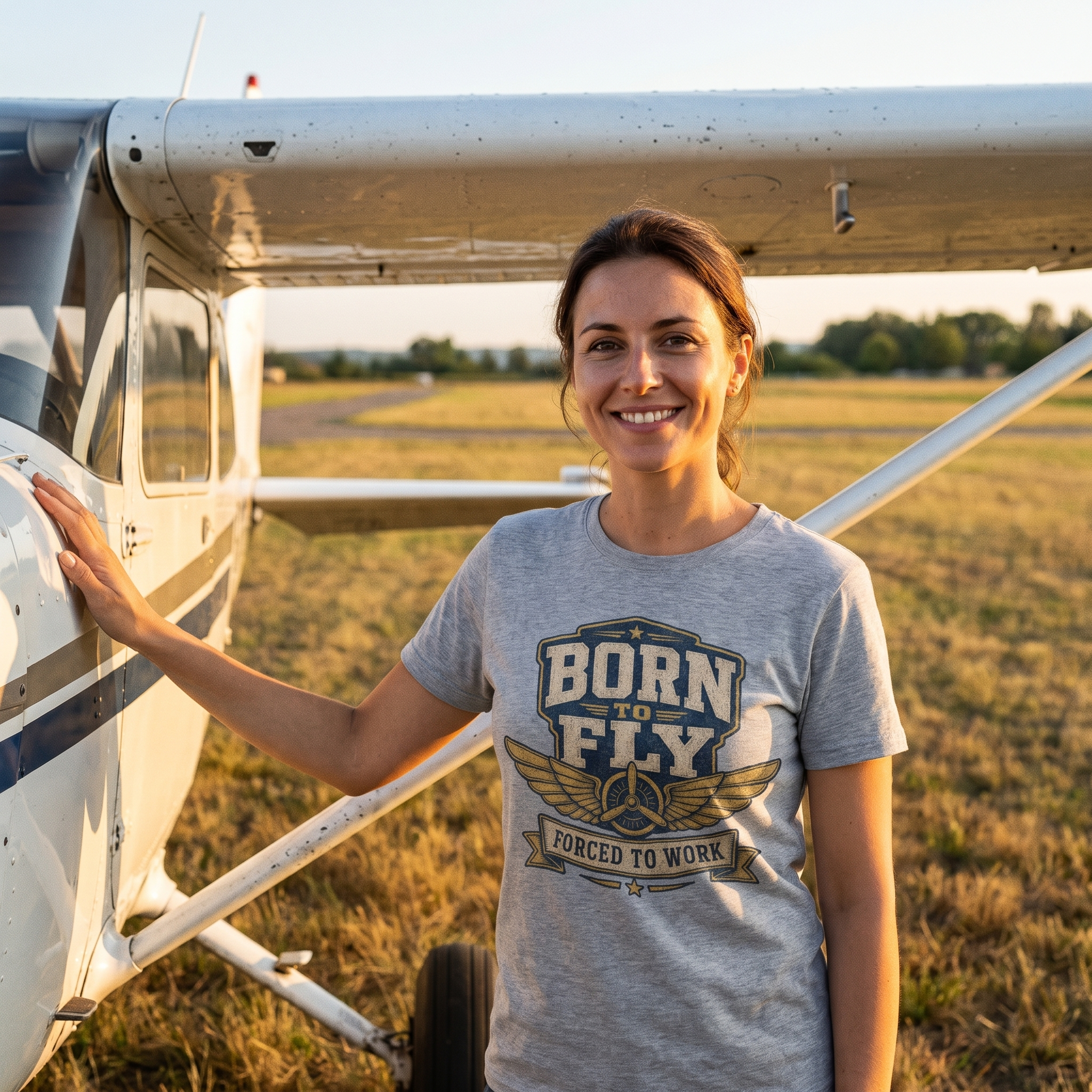 Born to Fly tee beside a light aircraft at golden hour