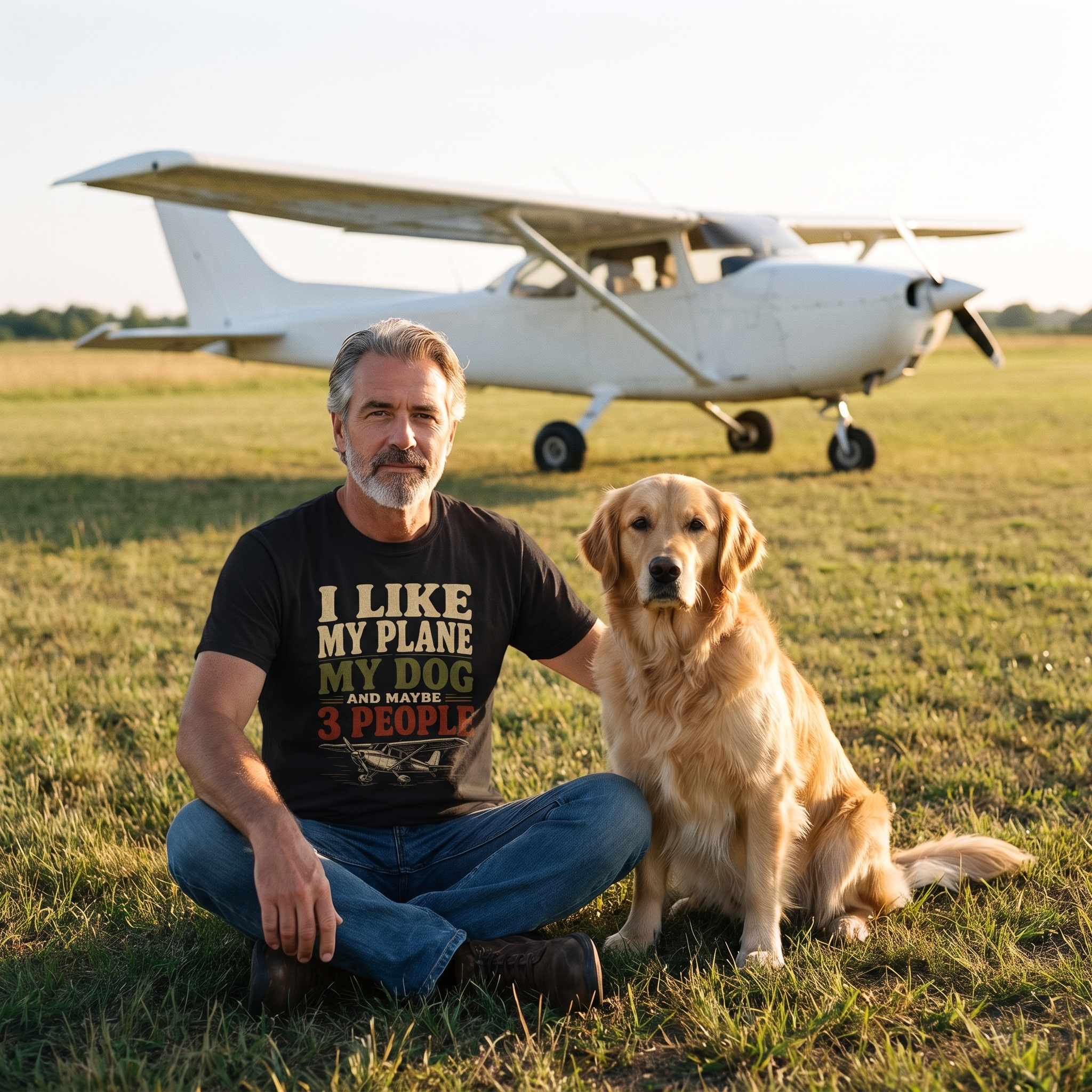 I Like My Plane My Dog tee on the grass with a golden retriever